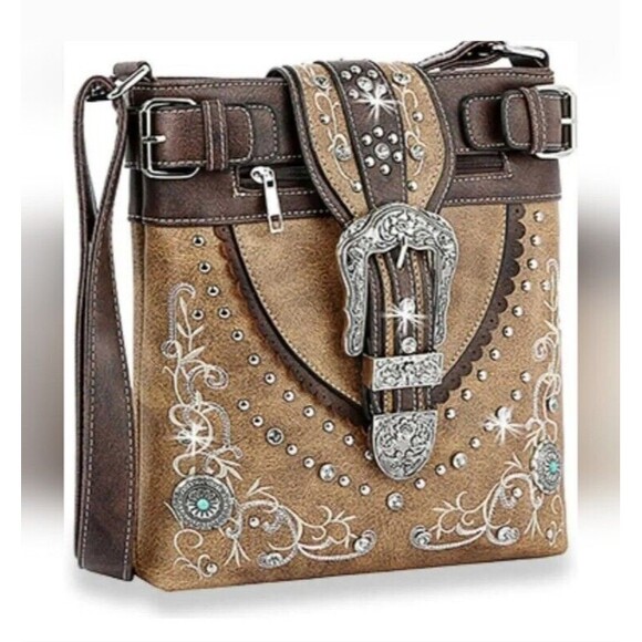 Brown Western Buckle Design Crossbody Sling Conceal Carry Purse - Picture 1 of 8